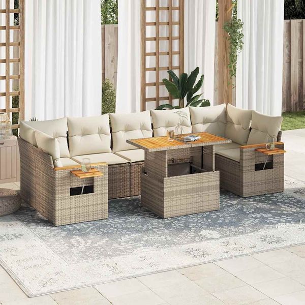vidaXL 8-tlg. Garten-Sofagarnitur mit Kissen Beige Poly Rattan Akazie 3327572