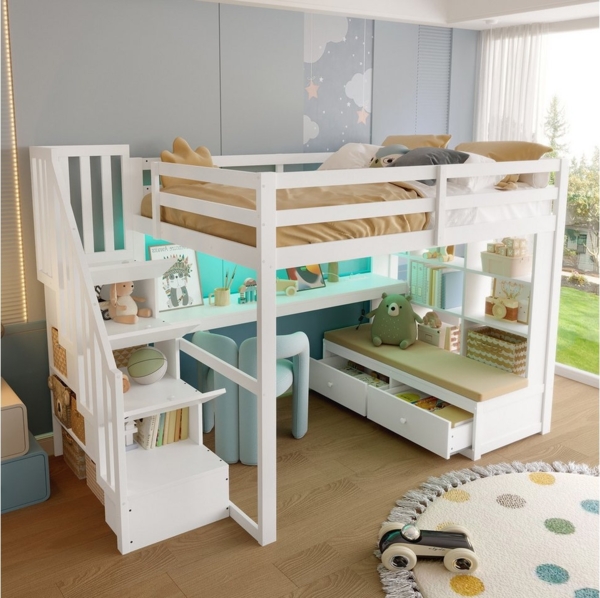 Merax Hochbett 140x200 mit LED (1-St, Hausbett Etagenbett Jugendbett) Holz Kinderbett mit Schreibtisch Regalen Schubladen Stauraumtreppe Bild 2