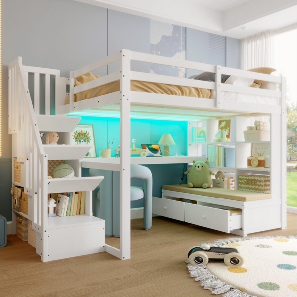 Merax Hochbett 140x200 mit LED (1-St, Hausbett Etagenbett Jugendbett) Holz Kinderbett mit Schreibtisch Regalen Schubladen Stauraumtreppe Bild 5