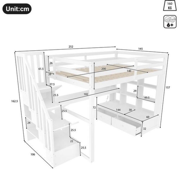 Merax Hochbett 140x200 mit LED (1-St, Hausbett Etagenbett Jugendbett) Holz Kinderbett mit Schreibtisch Regalen Schubladen Stauraumtreppe Bild 4