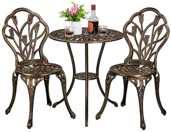 Yaheetech Balkonset mit 2 Stühlen und Ø 60 cm Tisch, Aluminiumguss, Bronze