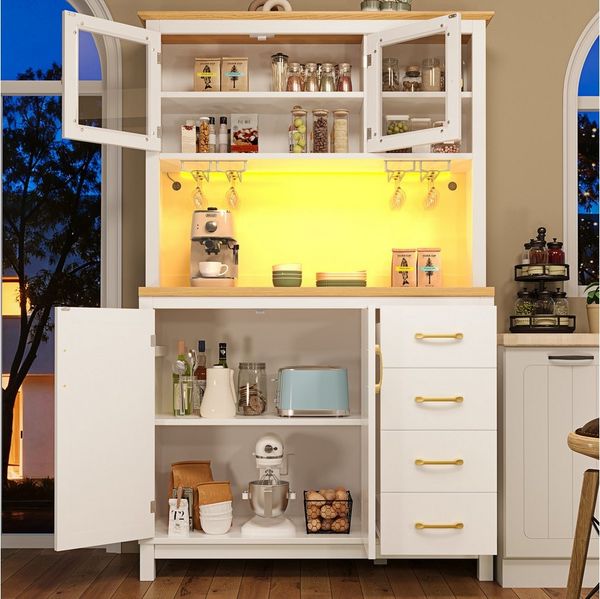Flieks Küchenbuffet mit Arbeitsplatte in Holzoptik, LED-Beleuchtung, Glastür und Schublade (1-St, B105,5/T40/H180 cm) Hochschrank Küchenschrank Mehrzweckschrank Geschirrschrank Weiß