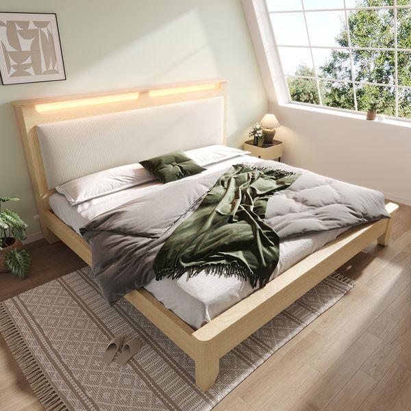 Polsterbett, Cord & Holz mit LED-Kopfteil und Stauraum, 160x200 cm, Beige/Eichefarben, ohne Matratze
