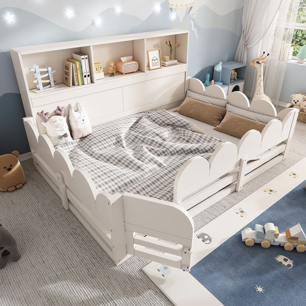 Kinder Bodenbett 140x190 cm Weiß Holzbett mit Rausfallschutz und Tür Lattenrost Kinderbett mit Regal großzügige Liegefläche für Geschwister sicherer Schlaf und Spielbereich ohne Matratze