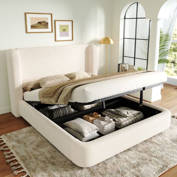 Polsterbett Doppelbett, hydraulisches Funktionsbett mit Lattenrost, Kopfteil und großem Stauraum, gepolstertes Kopfteil, Bouclé, Beige, 160 x 200 cm