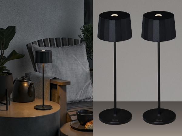 2er Set Wiederaufladbare LED Outdoor Tischleuchten dimmbar in Schwarz, Höhe 35cm