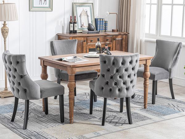 Stuhl 52*50*91 cm, gepolstert, Samtvelours in Grau mit Massivholzbeinen und Knopfsteppung,4 Set