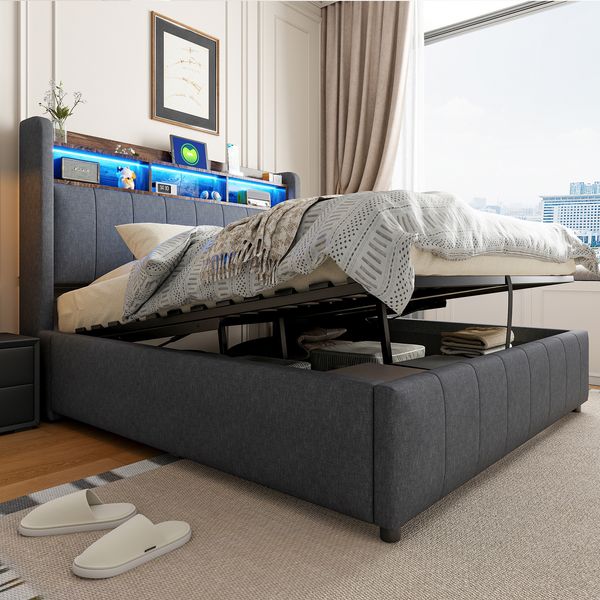 Polsterbett 140*200cm mit LED-Beleuchtung und USB-Steckdose, Kopfteil mit Einlegeböden und Stauraum, Mit Hydraulik für die Lagerung, Erwachsenenbett Doppelt, Leinenstoff Grau