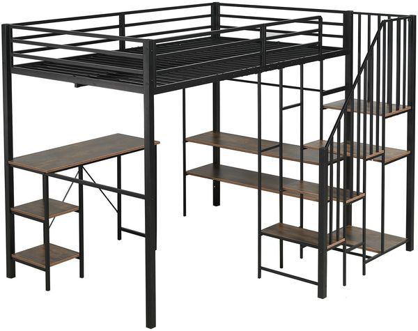 Hochbett mit Schreibtisch, Lattenrost, Regal, Treppe und Rausfallschutz, 120x200cm, Metallbett, Jugendbett, Kinderbett Bild 10