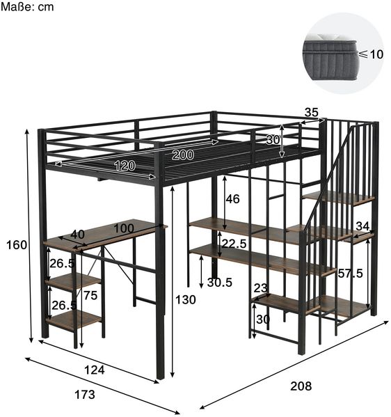 Hochbett mit Schreibtisch, Lattenrost, Regal, Treppe und Rausfallschutz, 120x200cm, Metallbett, Jugendbett, Kinderbett Bild 8