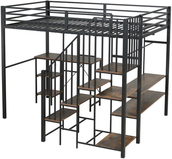 Hochbett mit Schreibtisch, Lattenrost, Regal, Treppe und Rausfallschutz, 120x200cm, Metallbett, Jugendbett, Kinderbett Bild 9