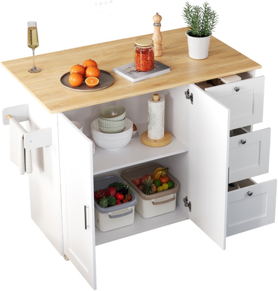 Merax 135cm Großer mobiler Küchentisch, Arbeitsplatte aus Eichenholz, klappbares Design, multifunktionaler Schrank, mit 3 Schubladen & Handtuchhalter, Weiß+Natur