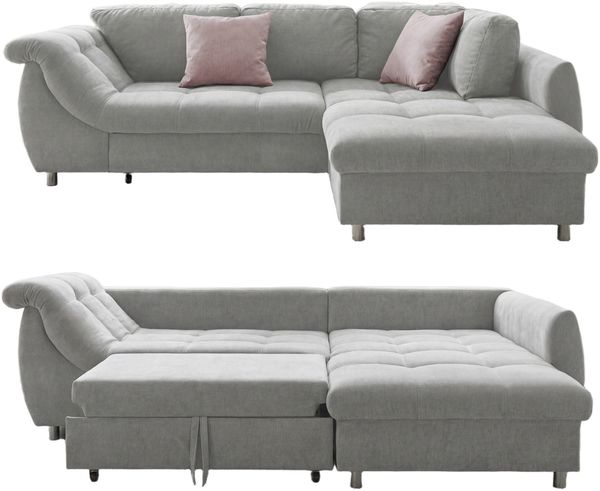Ecksofa Schlafcouch L-Garnitur ausziehbar Ottomane rechts Mikrofaser in Grau