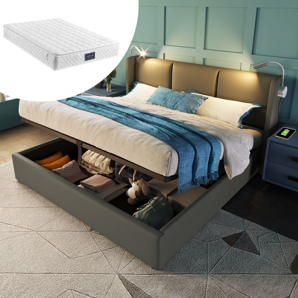 Polsterbett 140x200 cm mit Stauraum und Leselampe mit USB-Ladefunktion - PU-Bezug, stabile Metallkonstruktion