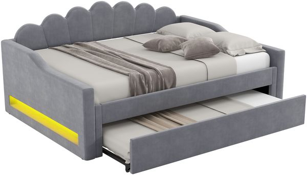 Gepolstertes 140x200 cm Tagesbett mit LED-Gürtel und Ausziehbett, Grau