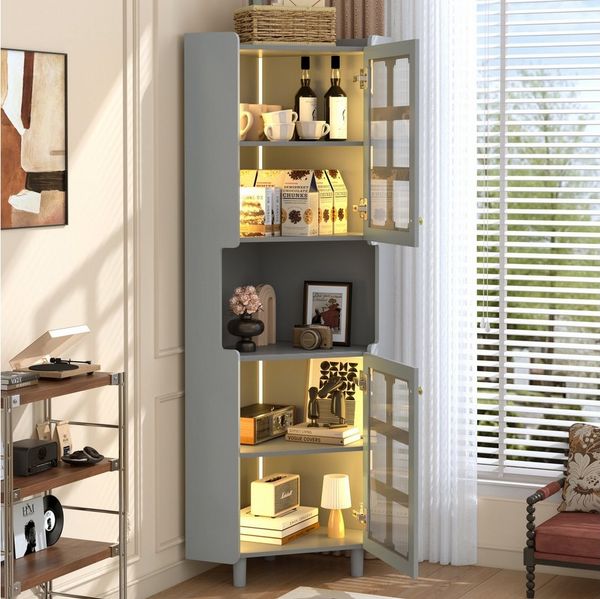 Flieks Badkommode Eckschrank mit LED-Beleuchtung und Glastüren (1 St, 63,5x45x157,5 cm), Hochschrank Mehrzweckschrank Eckkommode mit 5 Fächern Grau