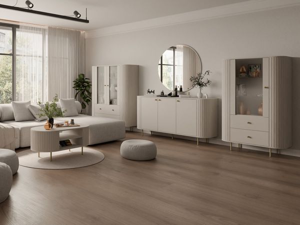 Compleo Standvitrine mit 2 Schubladen, Stauraumvitrine mit 2 Türen, Breite: 123 cm OVI, viel Stauraum, Höhe 155 cm