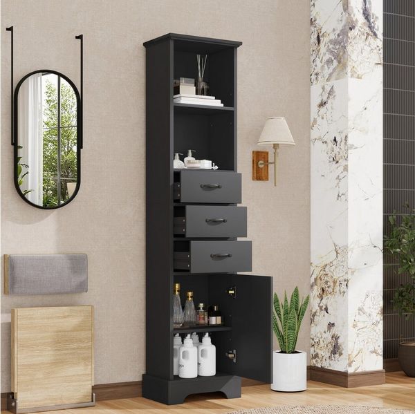 Flieks Badkommode Badezimmerschrank Hochschrank mit Feuchtigkeitsbeständigkeit (1 St, 38 x 26 x 172,5 cm), Mehrzweckschrank mit Schubladen und verstellbaren Einlegeböden Weiß