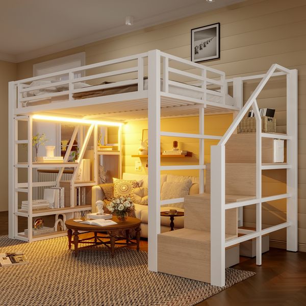Hochbett 140×200 cm aus Metall und MDF mit LED-Beleuchtung und Stauraum, weiß