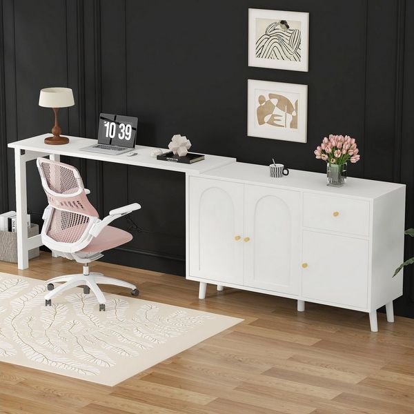 Flieks Kommode mit 360° drehbar Schreibtisch Weiß (2 St), 2 in 1 Sideboard & Computertisch Mehrzweckschrank mit Schubladen