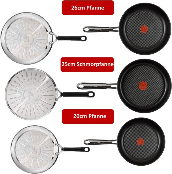 Tefal E89715 Jamie Oliver Pfannenset – 20 cm & 26 cm Bratpfannen, 25 cm Schmorpfanne mit Glasdeckel, Antihaftbeschichtung, ThermoSpot, Induktionsgeeignet, Spülmaschinenfest, 10 Jahre Garantie