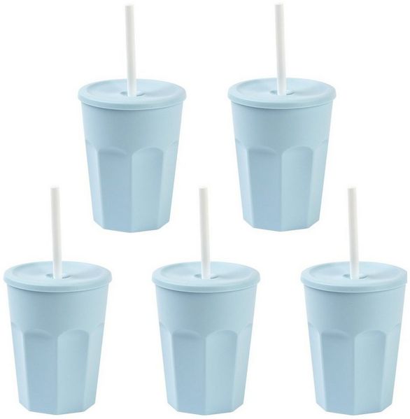 Engelland Becher Wiederverwendbare Plastikbecher mit Deckel und Strohhalm, 0,25 Liter, 5-tlg, Kunststoff, BPA-frei, spülmaschinengeeignet, lebensmittelecht, Temperaturbeständig