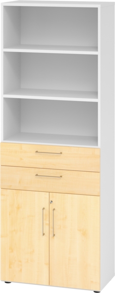 bümö Aktenregal & Schrank abschließbar, Büroschrank Regal & Schubladen Kombination Holz 80cm breit in weiß - Schrank für's Büro & Arbeitszimmer, Büro Möbel Ordnerschrank, 968K2-W-3-BS