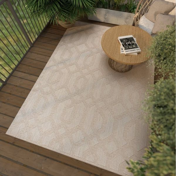 Mazovia Designteppich In- & Outdoor Teppich Wetterfest & UV-beständig Balkon - Beige Cream, 60 x 100 cm, Höhe 6 mm, Kurzflor, Weich, Pflegeleicht, Flachgewebe