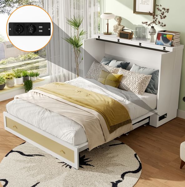 Bett 140x200 cm mit Schrankfunktion und Stauraum – Weiß, mit USB und Regal