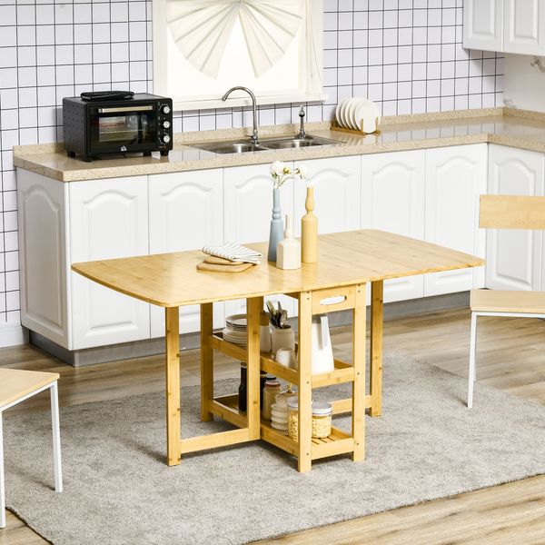 Klapptisch Esstisch aus Bambus 149,5 x 80 x 73,5 cm, ausziehbar mit 2 Ablagen