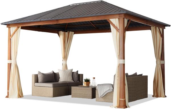 Gartenpavillon 3x4 m Holzoptik, Stahldach Hardtop 4 Seitenteile in champagner