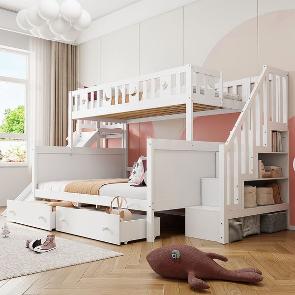 Kinderbett 90*200/140*200 cm, Massivholz-Etagenbett mit Rutsche und Regal mit Sicherheitsstufen, zwei großen Schubladen und Lattenrost, weiß