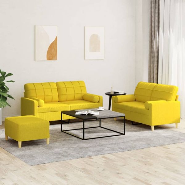 vidaXL 3-tlg. Sofagarnitur mit Kissen Hellgelb Stoff 3201303