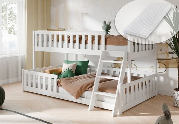 Kids Collective Etagenbett Hochbett Kinderbett 90x200/120x200 cm Rausfallschutz & Lattenrost, Mit zwei Matratzen und Leiter, massives Kiefernholz, Weiß