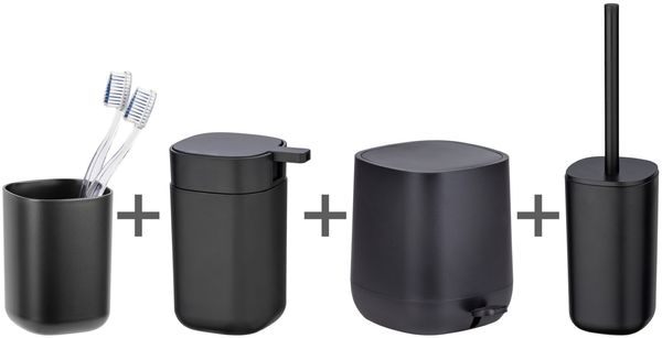 WENKO DAVOS Accessoire Set, Schwarz, Zahnputzbecher, Seifenspender, WC-Garnitur, Kosmetikeimer