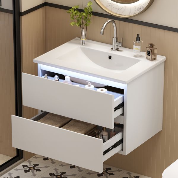 Flieks Waschtisch 61×46×45 cm, Wandhängender Badezimmerschrank mit LED, Volllackierung, 2 Schubladen, integriertes Keramikwaschbecken, weiß