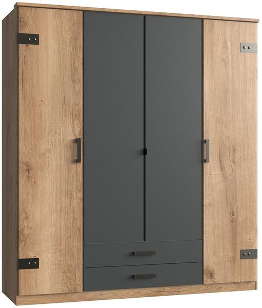 Calicosy Kleiderschrank, mit 4 Türen, in Eiche und Graphit Dekor - L180 cm. - Helles Holz