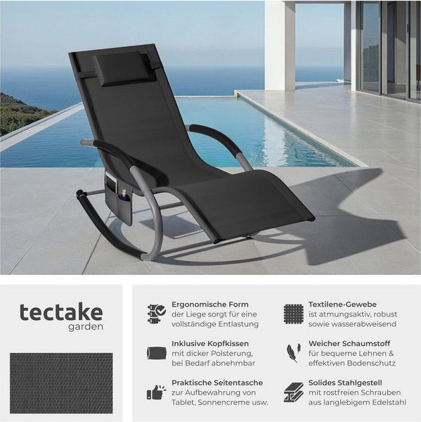 tectake Gartenliege ergonomische Sonnenliege, Belastbarkeit 120 kg, 62 x 146 x 92 cm, Balkonliege Taya, 1 St, für Außen in Schwarz, gepolstert, atmungsaktiv, wasserabweisend, mit Aufbewahrungstasche