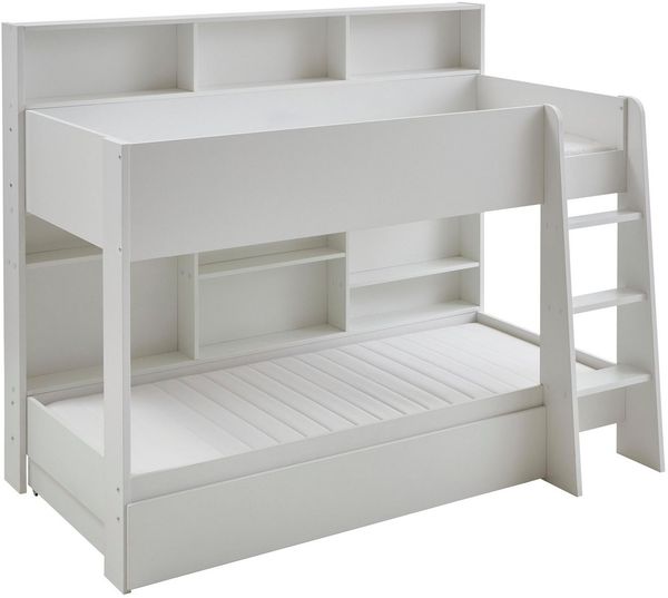 Relita Etagenbett Sely, viel Funktion auf kleinem Raum, 2 Liegeflächen, modernes Design (viele Regalfächer an der Bettrückseite, inkl. Schublade auf Rollen), viel Stauraum, pflegeleichte Melamin Oberfläche, 3 Farben zur Wahl