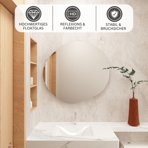 Albatros Designerspiegel Asymmetrisch 60 x 45 cm Wandspiegel oder Türspiegel, Moderne organische Form Spiegel Rund und Groß Asymmetrischer Spiegel unförmig und Rahmenlos, Größe:80cm x 76cm Bild 2