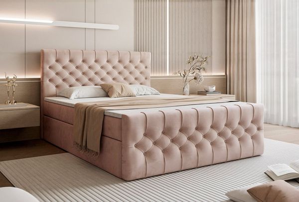 Goldstoff Boxspringbett TAURIEL mit Federkernmatratze & Topper, zwei Bettkästen (von 120 bis 200x200 cm), modernes Doppelbett aus Velvet Stoff mit edlem Kopfteil