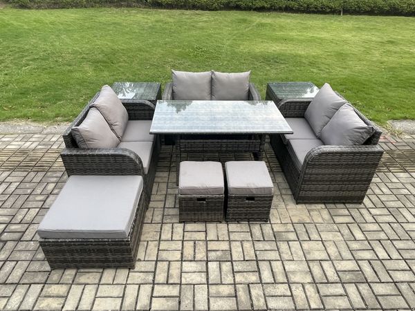 Fimous 9 Stücke Outdoor Rattan Gartenmöbel-Set mit Terrassen Rechteckiger Esstisch Liebe Sofa 2 Beistelltischen 3 Fußhockern Dunkelgrau gemischt