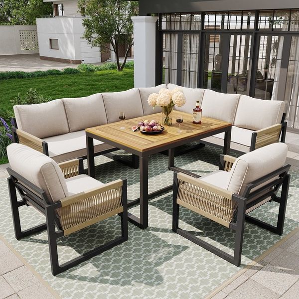 Celya Gartenlounge-Set Gartenlounge-Set für 7-8 Personen, wetterfest Sitzgruppe Essgruppe, (Beige, Armlehnensofa, Zweipersonen-Sofa, Ecksofa, Armloses Sofa, Kaffeetisch)