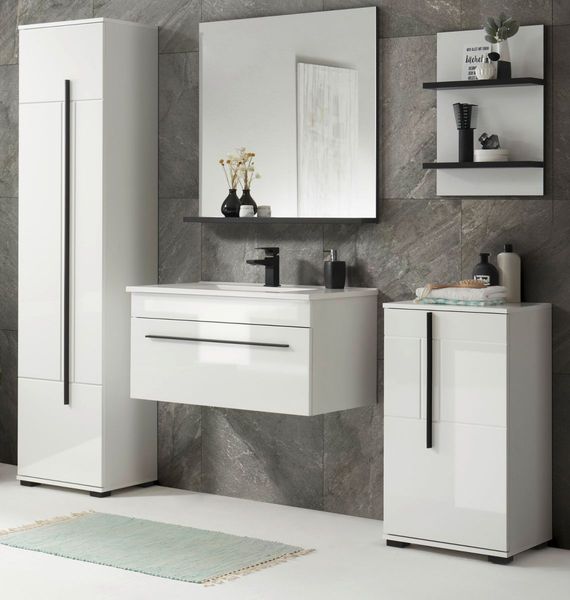 Badmöbel Set 6-teilig Design-D in Hochglanz weiß 190x200 cm, mit Waschbecken