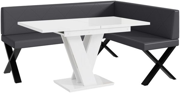 MEBLINI Eckbank für Esszimmer mit ausziehbarem Tisch - Küchenbank - Essecke - Sitzecke Küche - ERIC - X-Beine 128x168x87cm Rechts - Grau Kunstleder/M Weiß Hochgl.