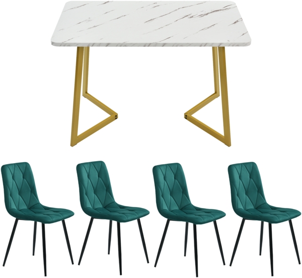 Essgruppe 5-teilig mit Marmoroptik Tisch 117×68 cm & 4 grün Leinenstühlen,Esszimmer-Set für Küche und Wohnzimmer Bild 3