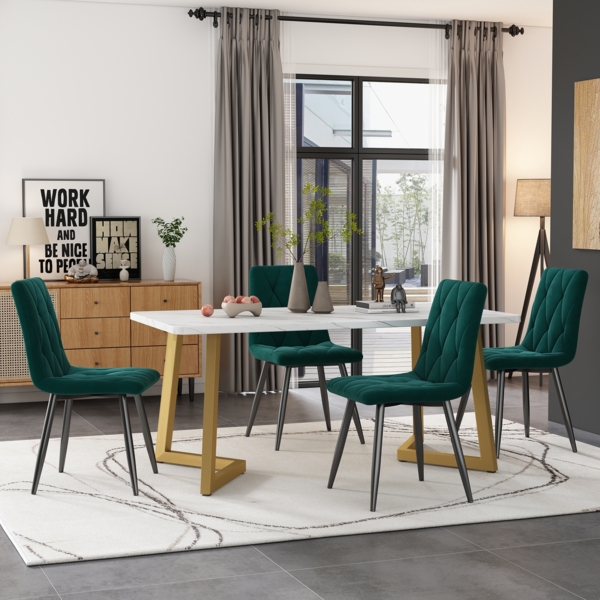 Essgruppe 5-teilig mit Marmoroptik Tisch 117×68 cm & 4 grün Leinenstühlen,Esszimmer-Set für Küche und Wohnzimmer Bild 1