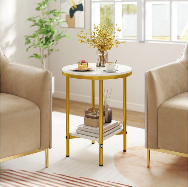 COSTWAY Beistelltisch, rund Sofatisch Marmor Optik mit Ablage Nachttisch Gold
