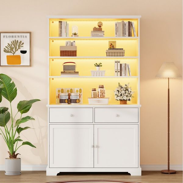 Merax Standvitrine mit LED-Beleuchtung (Standregal Wohnzimmerschrank für Wohnzimmer und Esszimmer, 1-St, 100 x 38 x 170 cm) Vitrine mit 2 Türen, 7 Aufbewahrungsbereiche & 2 Schubladen