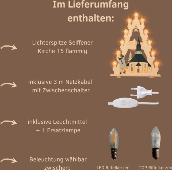 Weigla Lichterbogen Seiffener Kirche, große Lichterspitze aus Holz, Made in Germany (1-tlg), Erzgebirge garantiert, Weihnachtsdeko Innen, Weihnachtsbeleuchtung Bild 2